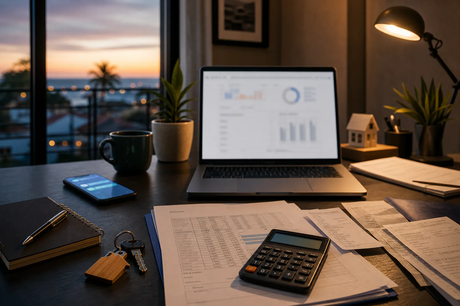 Mesa de fecho financeiro com portátil, recibos, calculadora, telemóvel e chaves de imóvel