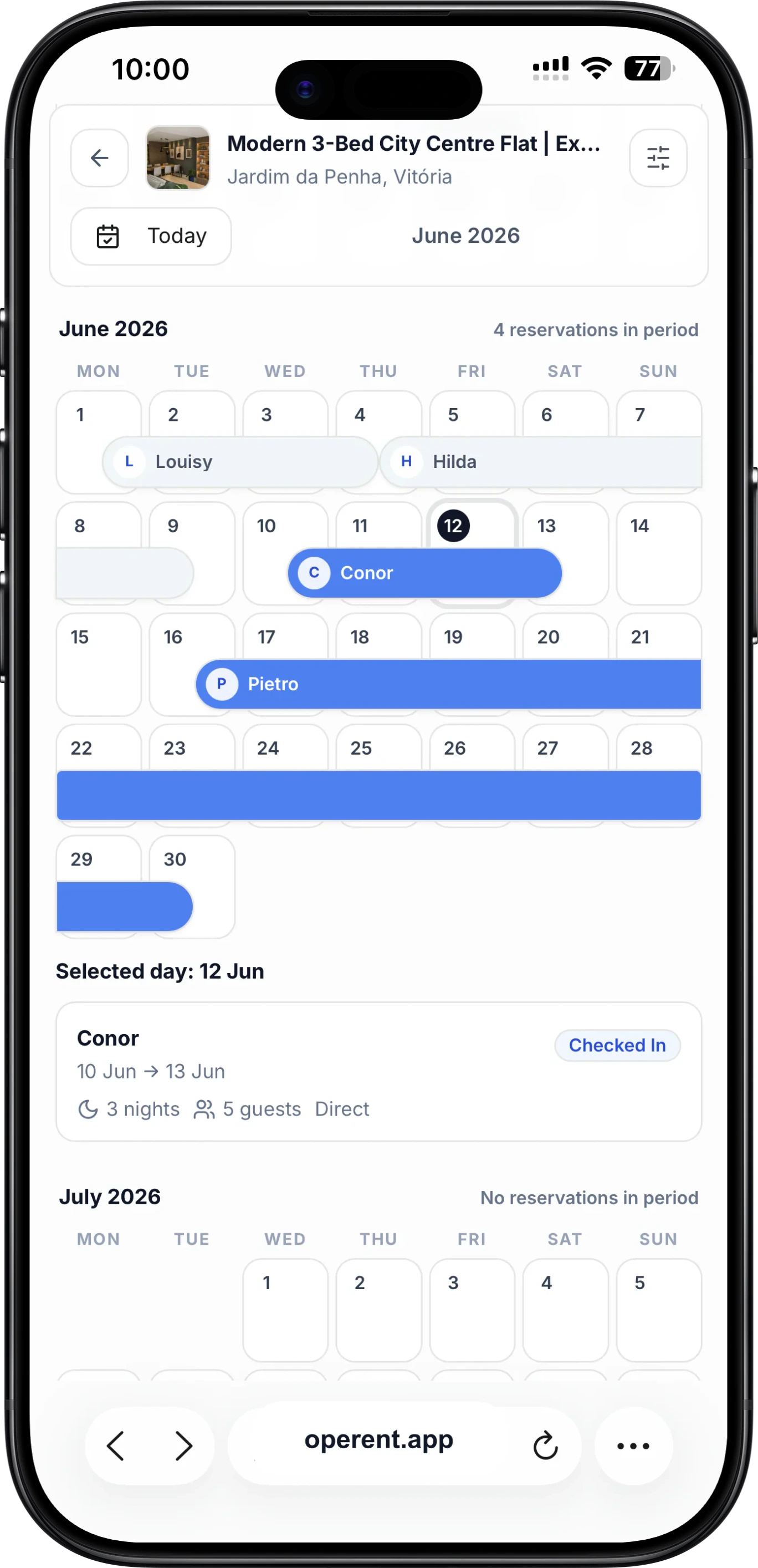 Operent mobile booking calendar detail with occupied periods and selected day