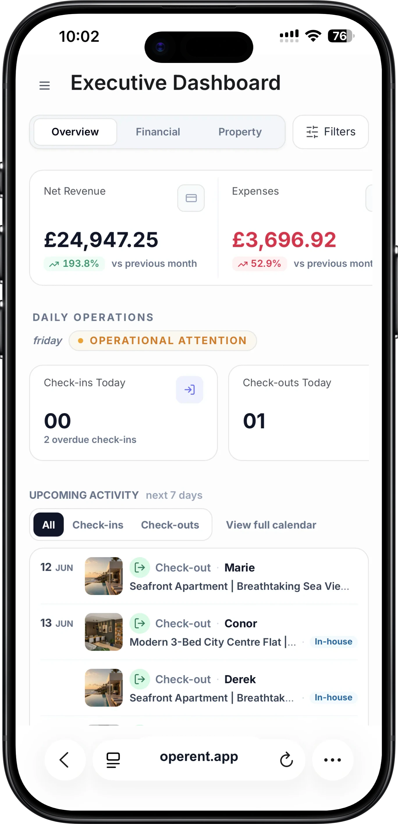 Operent mobile executive dashboard with overview, daily operations and upcoming activity