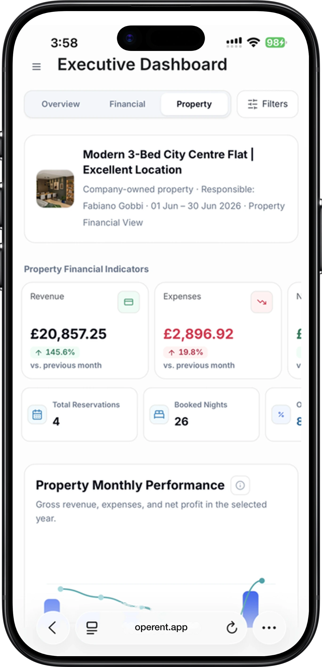 Operent mobile property financial dashboard with indicators and monthly performance