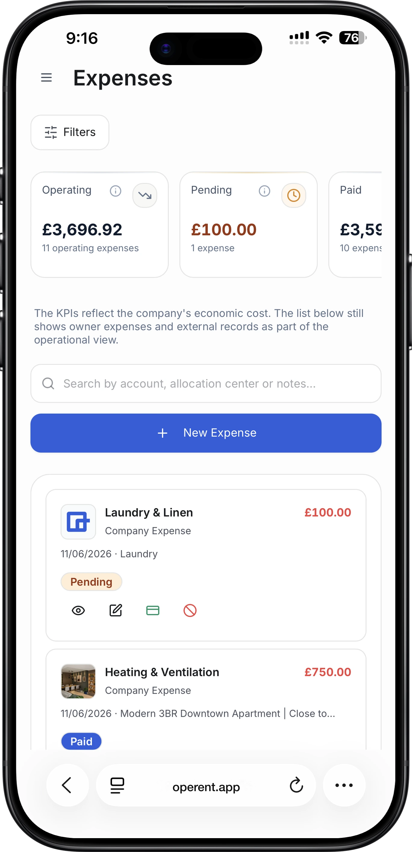 Operent mobile expenses screen with filters, KPIs, search and expense list