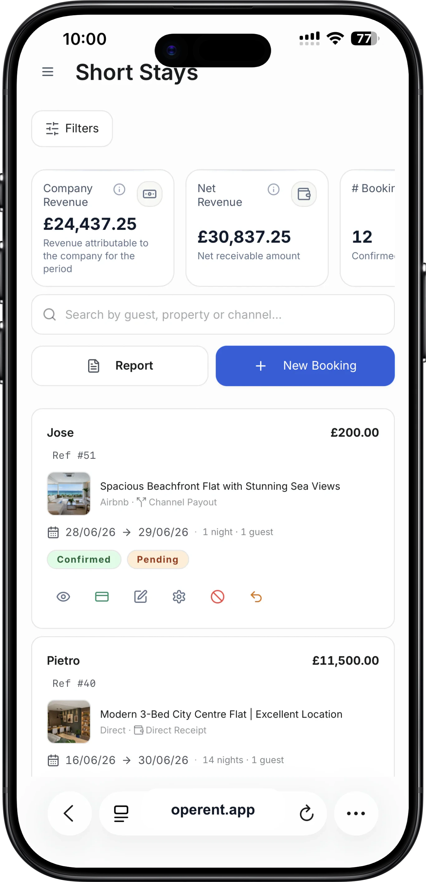 Operent mobile short-term bookings screen with filters, indicators and bookings