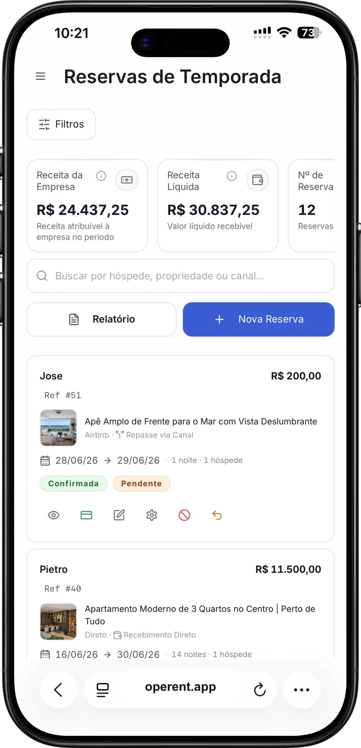 Tela mobile de Reservas de Temporada do Operent com filtros, indicadores e reservas