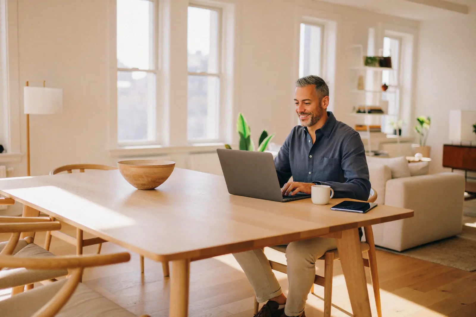 Proprietário trabalhando no notebook à mesa da sala, em apartamento iluminado