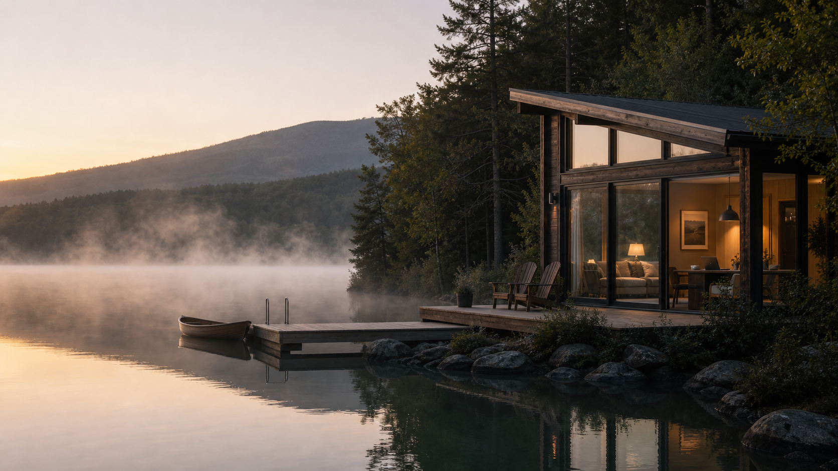 Cabana premium à beira de um lago ao amanhecer