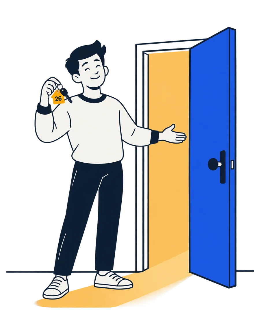 El personaje de Operent junto a una puerta azul abierta, con luz saliendo, sosteniendo una llave con el número 26.