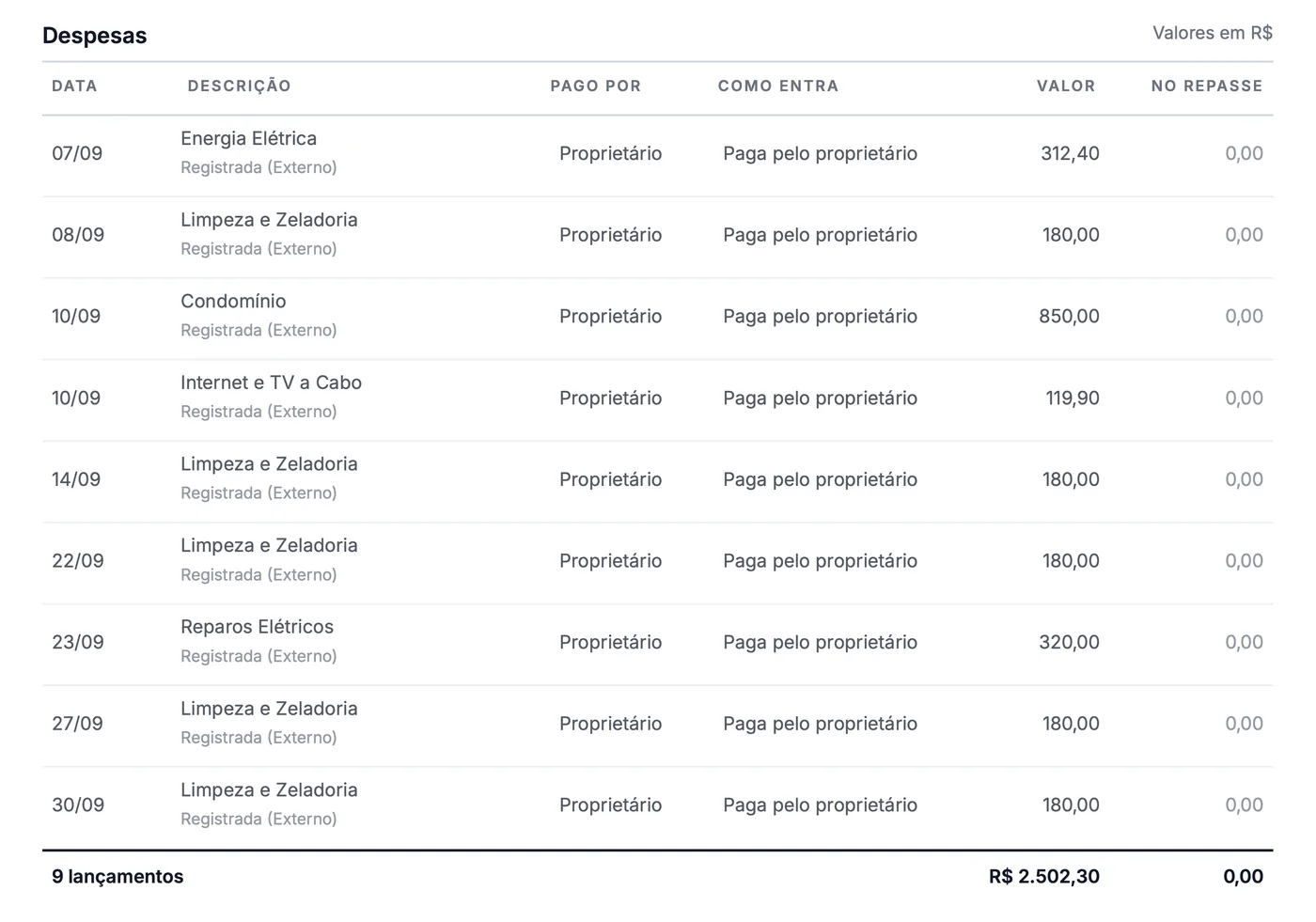 Tabela de despesas do demonstrativo: energia, limpezas, condomínio, internet e reparo elétrico, todas pagas pelo proprietário, entrando como pagas pelo proprietário e com zero no repasse, somando R$ 2.502,30.