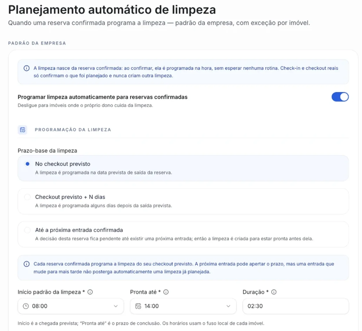 Tela de planejamento automático de limpeza no Operent: programar a limpeza para reservas confirmadas, prazo-base no checkout previsto, início às 08:00, pronta até 14:00 e duração de 2h30.