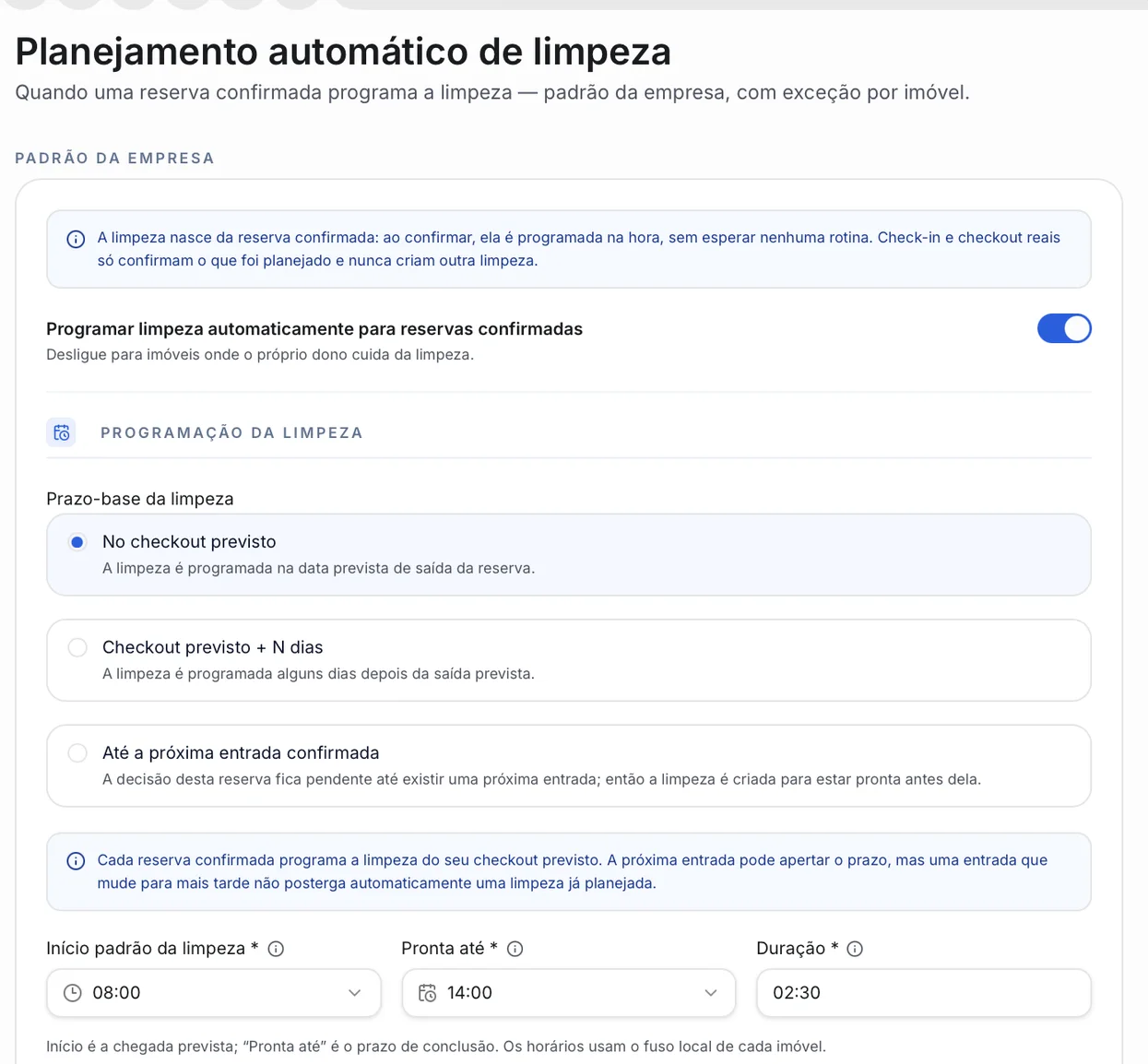 Tela Planejamento automático de limpeza: opção de programar a limpeza para reservas confirmadas, os três prazos-base, início padrão 08:00, pronta até 14:00 e duração 02:30.