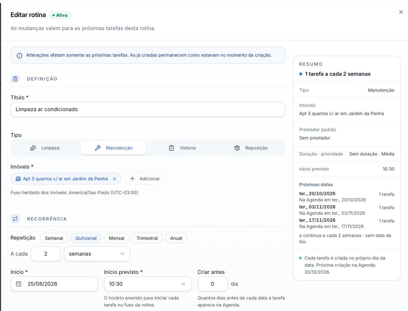 Tela Editar rotina: limpeza de ar-condicionado, tipo manutenção, repetição quinzenal, início previsto 10:30 e o resumo com as próximas datas.