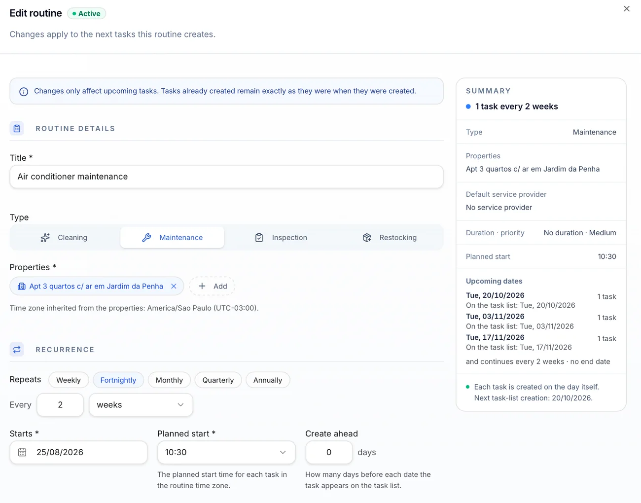 Operent's Edit routine screen: air conditioner maintenance, maintenance type, repeating fortnightly, planned start at 10:30 and a summary with the upcoming dates.