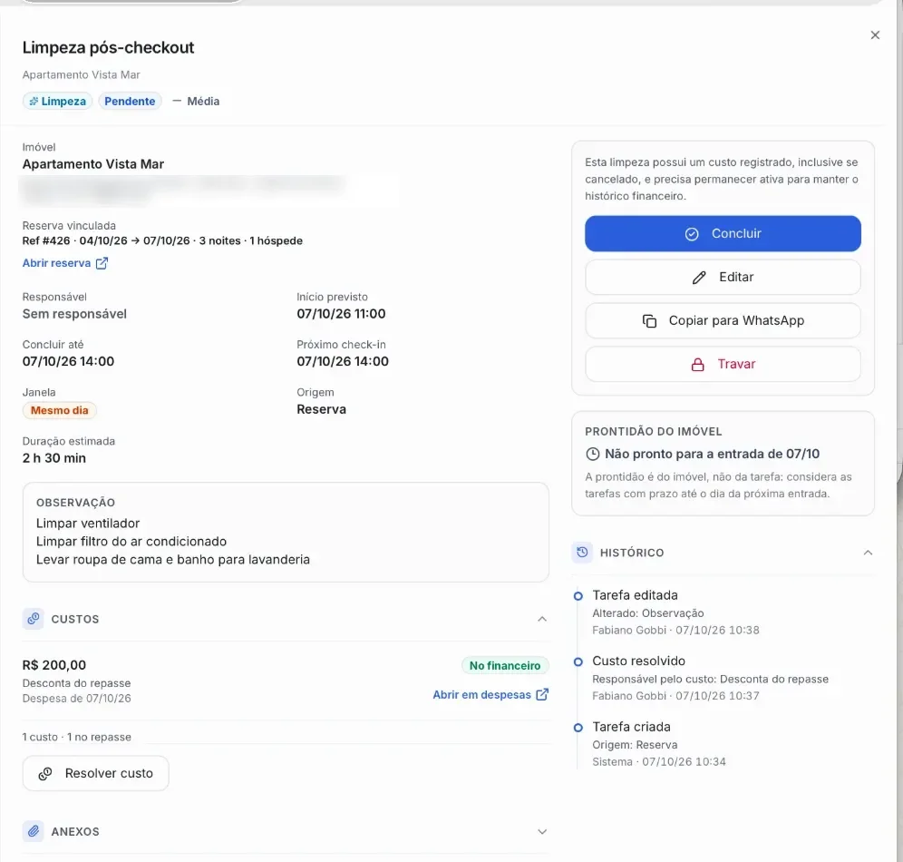 Tarefa de limpeza pós-checkout aberta: reserva vinculada, prazos, janela mesmo dia, instruções, custo, prontidão do imóvel e histórico, com os botões Concluir, Editar, Copiar para WhatsApp e Travar.