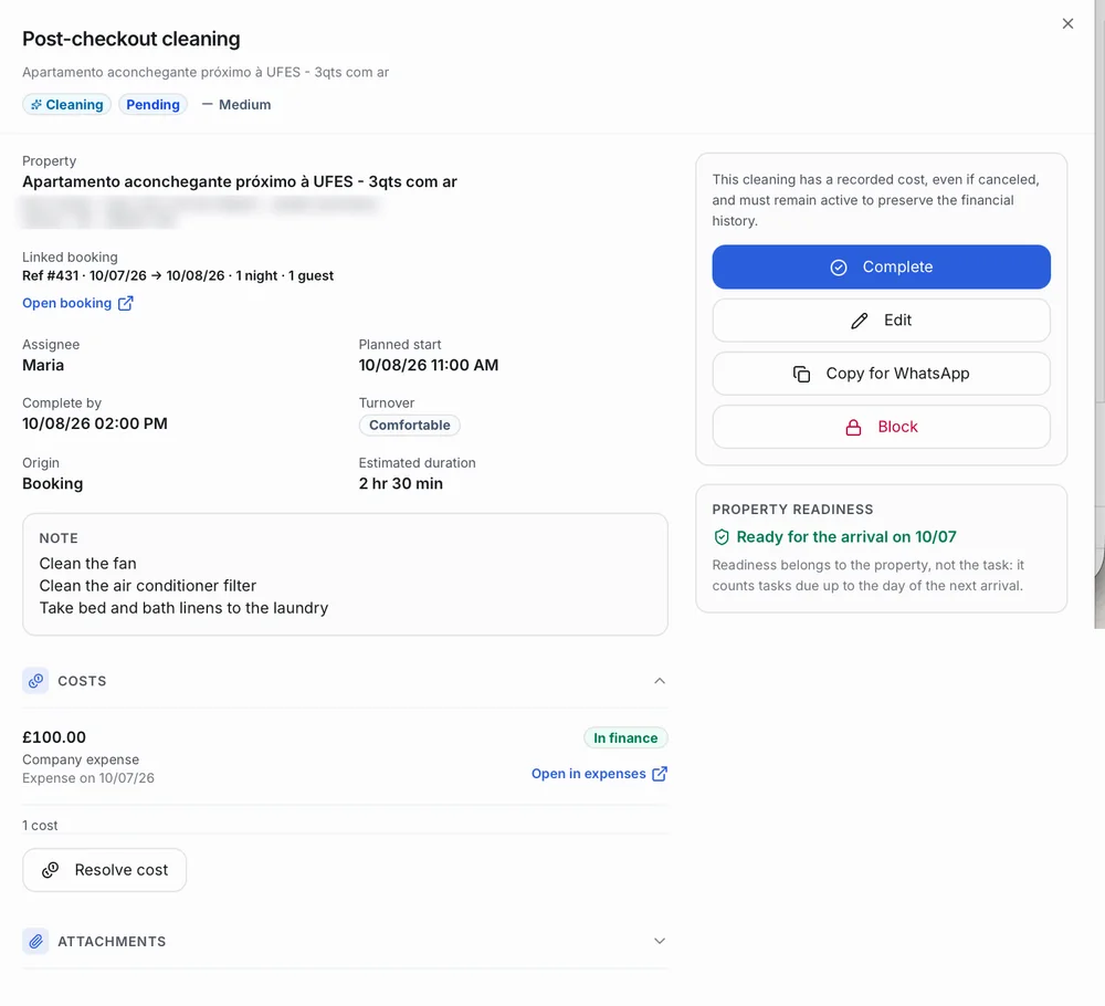 A post-checkout cleaning task open in Operent: linked booking, assignee, planned start, complete-by time, turnover, notes, a £100.00 company expense and property readiness, with the Complete, Edit, Copy for WhatsApp and Block buttons.