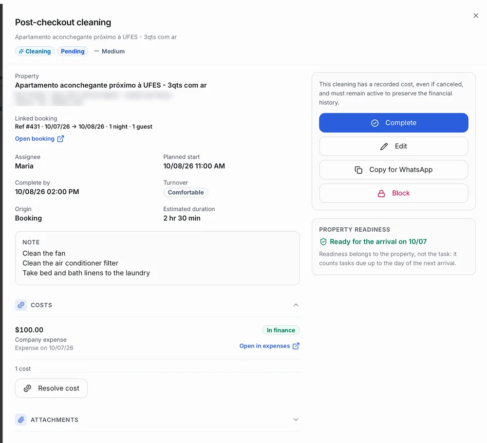 A post-checkout cleaning task open in Operent: linked booking, assignee, planned start, complete-by time, turnover with room to spare, notes, a $100.00 company expense and the property ready for the next arrival.